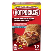 Vista frontal central de sándwiches congelados Hot Pockets Four Meat Four Cheese, paq. 12 PESO NETO 51oz (3 lb 3 oz) 1.44 kg.