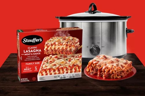 Photograph: Stouffer's lasagna box, stainless stockpot and plated lasagna on red backdrop
