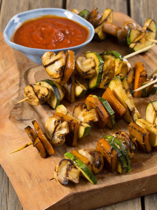 Skewers of Mushrooms, Italian Squash and Sweet Potato