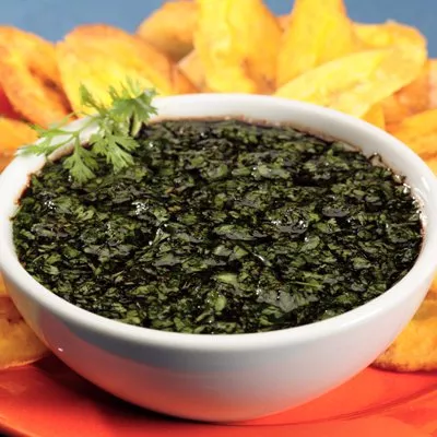 Fried Plantain Chips with Spicy Cilantro Dipping Sauce