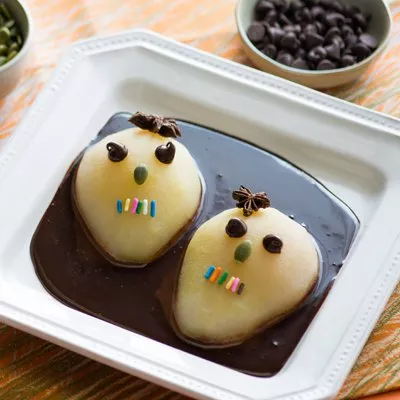 Calavera Pears in Chocolate Coffee Sauce