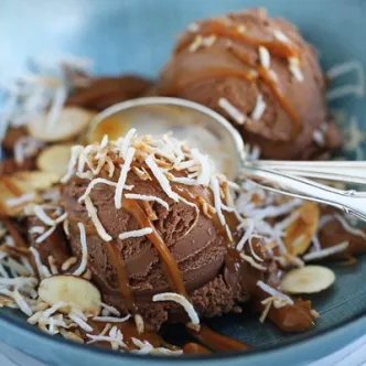Chocolate Ice Cream with Dulce de Leche, Toasted Coconut and Almonds