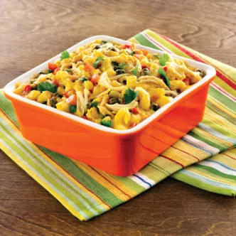 Mac & Cheese with Black Beans, Shredded Chicken & Jalapeño