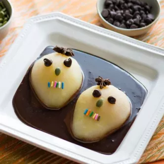 Calavera Pears in Chocolate Coffee Sauce