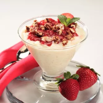 Arroz con Leche with Tangy Strawberry Sauce and Candied Pecans