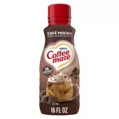 Una botella marrón de creamer Café Mocha con una taza de café y trozos de chocolate debajo del logotipo de Coffee mate.