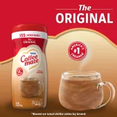 A canister of Coffee mate Original Powder with a red cap and red label above a mug of coffee with biscotti.