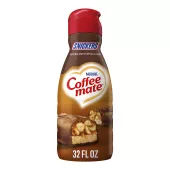 A brown bottle of Snickers Coffee Creamer with a brown label above a Snickers bar and the Coffee mate and Snickers logos.