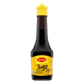 Paquete de sazonador Jugo MAGGI con una etiqueta amarilla brillante con el dibujo de una sartén.