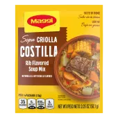 Criolla Beef Noodle Soup mix with a red label near a stack of vegetables above a bowl of beef, corn, noodles, and celery.