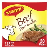 Package of Beef Flavor Bouillon with plate of steak and asparagus and a cow illustration.