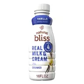 Botella blanca de creamer natural bliss Vanilla con etiqueta azul, vainas de vainilla y el nombre del producto.