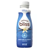 A white bottle of natural bliss Vanilla Creamer with a blue label above vanilla beans and the product name.