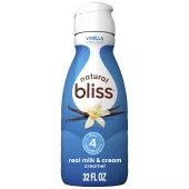 White bottle of natural bliss Vanilla Creamer with a blue label, vanilla beans image and Only 4 Ingredients badge.