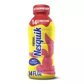 A yellow bottle with a red cap and a red silhouette of the Nesquik bunny’s head.