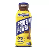 A yellow bottle with a blue “PROTEIN POWER” label and a brown silhouette of the Nesquik bunny’s head.