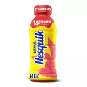 Una botella amarilla con tapa roja y una silueta roja de la cabeza del conejo de Nesquik.