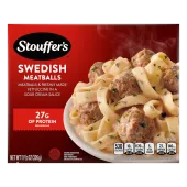 Caja de Swedish Meatballs con pasta y albóndigas debajo del nombre del producto y del logo de STOUFFER'S.