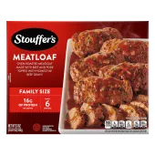 Caja de Meatloaf con un plato y una fuente de pan de carne y salsa espesa junto al nombre del producto, al logo y a una etiqueta que dice "TAMAÑO FAMILIAR".