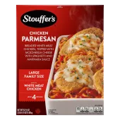 Caja de Chicken Parmesan con un plato y una fuente de pollo y espaguetis debajo del nombre del producto y una etiqueta que dice "25% MÁS POLLO".