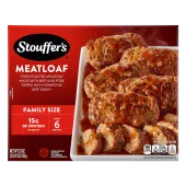 Box of Meatloaf with a dish and plate full of meatloaf and gravy beside the product name, logo and "FAMILY SIZE" label.