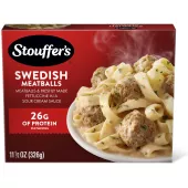 Caja de Swedish Meatballs con pasta y albóndigas debajo del nombre del producto y del logo de STOUFFER'S.