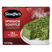 Box of Spinach Soufflé with a plate of spinach soufflé under the product name and STOUFFER'S logo.