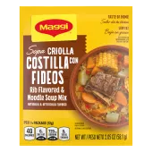 Criolla Beef Noodle Soup mix with a red label near a stack of vegetables above a bowl of beef, corn, noodles, and celery.