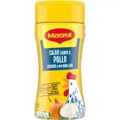 A canister of Granulated Chicken Bouillon with a yellow label of an illustrated chicken carrying a basket.