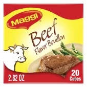Package of Beef Flavor Bouillon with plate of steak and asparagus and a cow illustration.