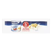 A can of Media Crema table cream with a blue label featuring strawberries, a bowl of macaroni, and cream.