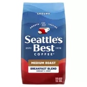 Front Center view of SEATTLE'S BEST COFFEE Breakfast Blend Ground Coffee 12oz Bag NET WT 12 OZ (340 g) product.