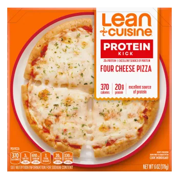 A box of Four Cheese Pizza with a Protein Kick label near a crispy crust cheese pizza on a white plate.