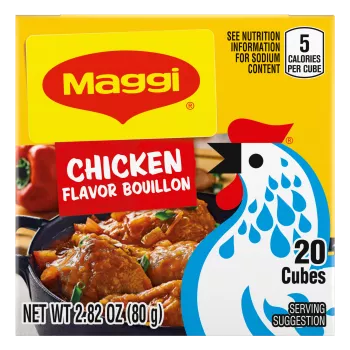 Box of MAGGI Chicken Bouillon 20 cubes with an illustrated chicken on dark blue and yellow label.