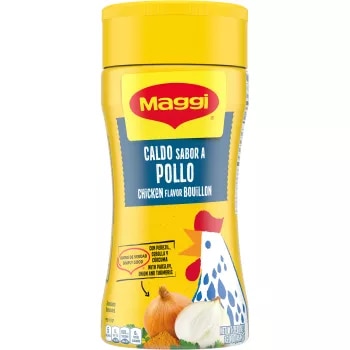 A canister of Granulated Chicken Bouillon with a yellow label of an illustrated chicken carrying a basket.