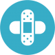 White vector illustration of two bandages crossed over one another in a blue circle. 