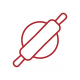 A red and white vector illustration of a rolling pin rolling out pizza crust.