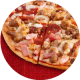 Carnivore Loaded Ultra Thin Crust Pizza on red textured circle.